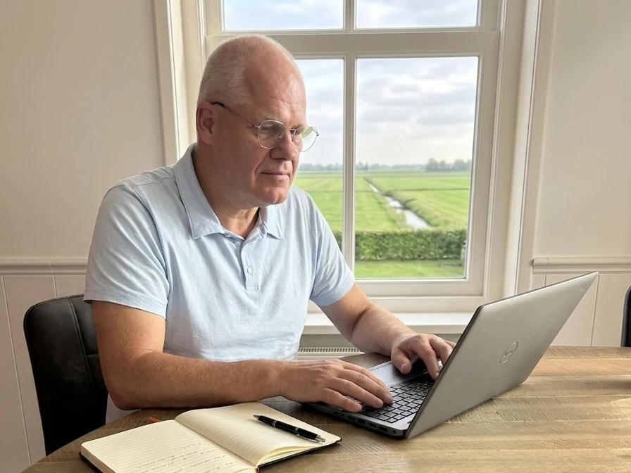 Gert Pepping aan het werk aan de keukentafel, met uitzicht op het Groninger landschap